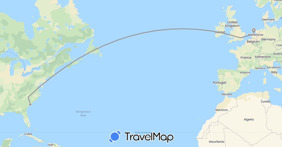 TravelMap itinerary: driving, plane in United Kingdom, Netherlands, United States (Europe, North America)